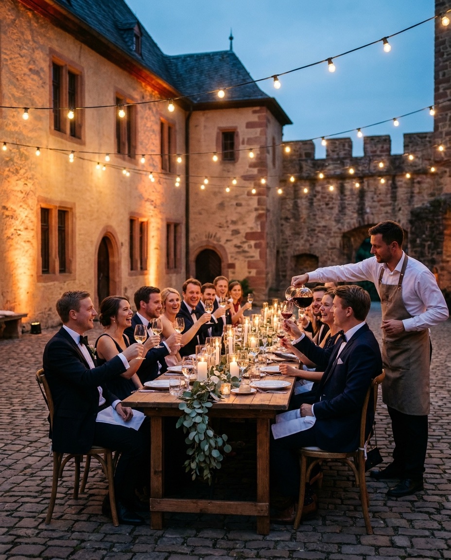 Event-Location mit Menschen: Hochzeitsgesellschaft im Schlosshof zur blauen Stunde