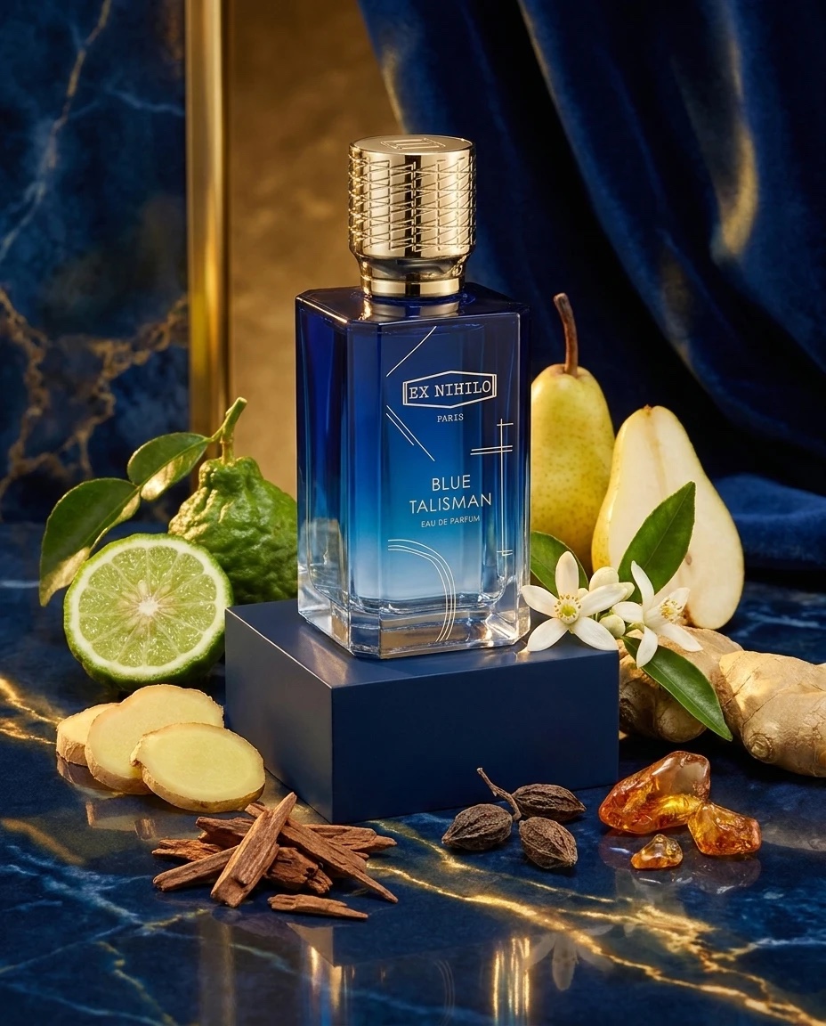 Editorial-Produktbild: Parfum auf Marmor mit Zutaten