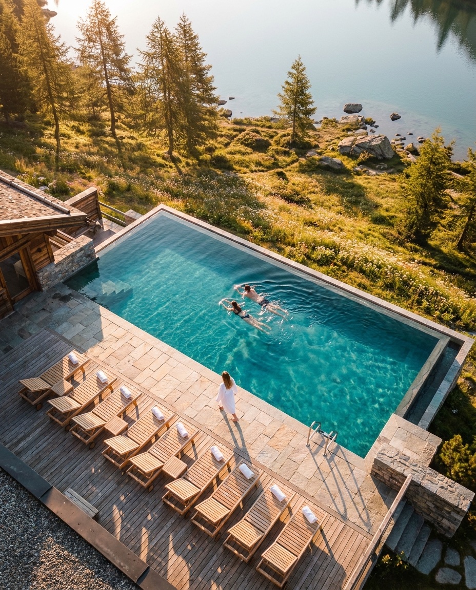 Drohnen-Perspektive: Resort-Pool mit Gästen im Abendlicht